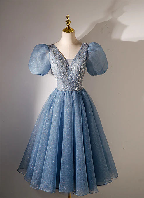 Aimishang A Line Beaded Tulle Short Sleeves Formal Dresses Homecoming Dress Prom Dress Graduation Dress