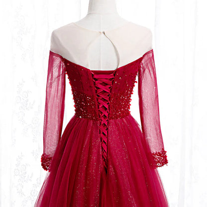 Wine Red Long Sleeves Beaded Tulle Evening Gown A-line Long Prom Dress Wholesale