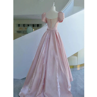 Pink Satin Long Short Sleeves Prom Dress Party Dress Formal Dress Wedding Party Dress With Bow(s) Wholesale