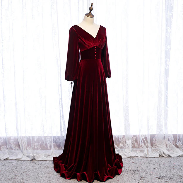 Burgundy Velvet Long Sleeves A-line Prom Dress Long Simple Bridesmaid Dress Elegant Evening Dress Wholesale