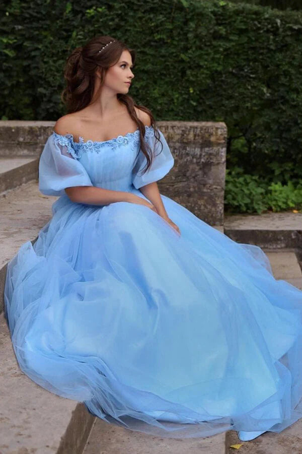 Wholesale Prom Dresses Off The Shoulder Long Sleeves Lace Up Back Beautiful Tulle