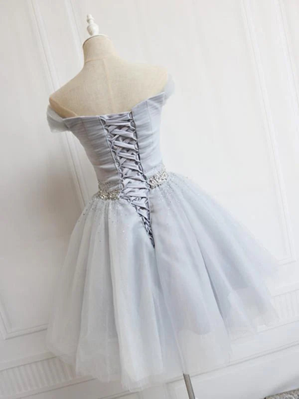 Wholesale Off the Shoulder Short Gray Prom Dresses with Coset Back Beaded Graduation Homecoming Dresses