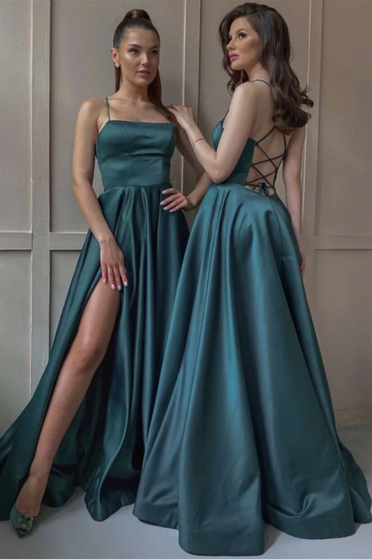 Wholesale Evening Dress Open Back Satin Long Prom Dress with Slit, Open Back Green Formal Dress