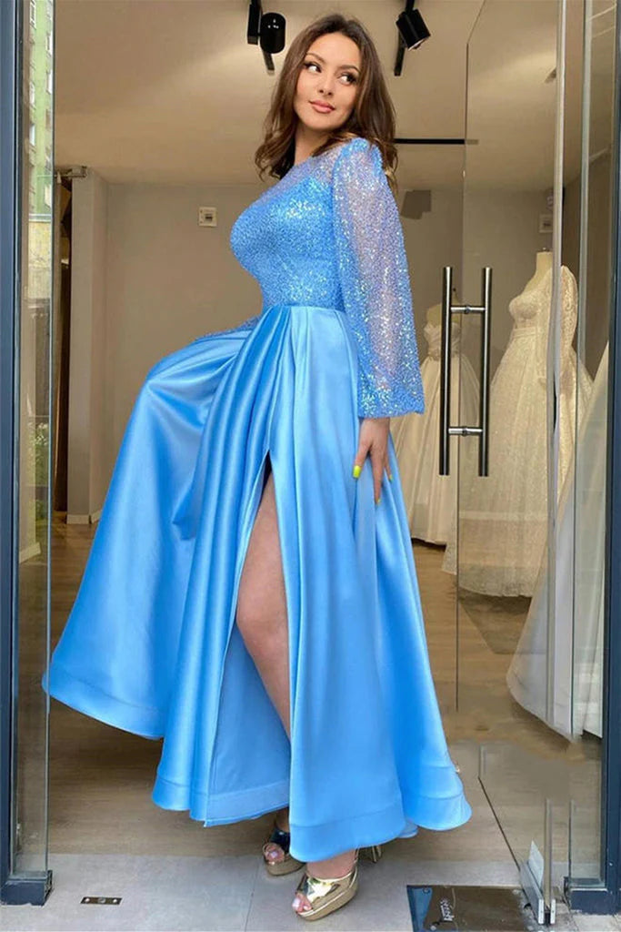 Wholesale Prom Dresses Open Back Long Sleeve Scoop Floor-Length Beads Sexy