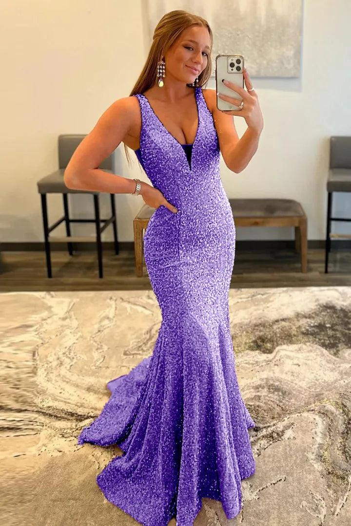 Wholesale Mermaid Sexy Glitter V Neck Long Prom Dress