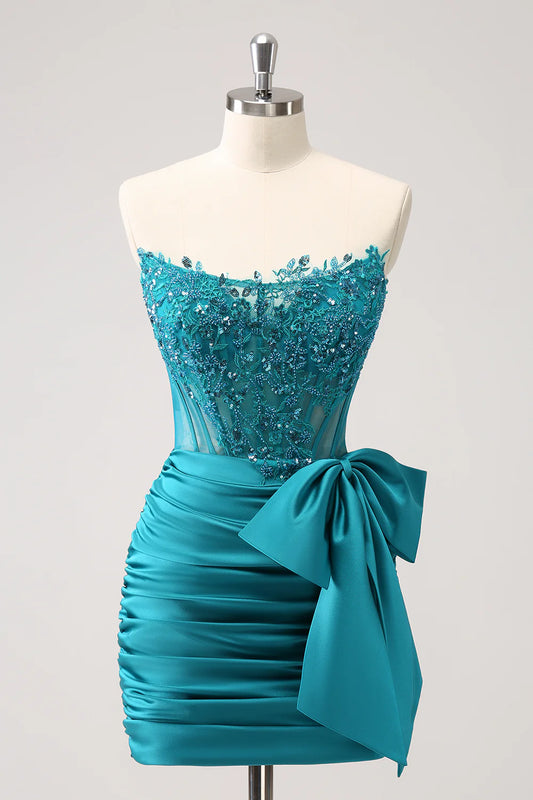 Aimishang Navy Sheath Homecoming Dress Strapless Sleeveless Pleated Short Prom Dress with Bow