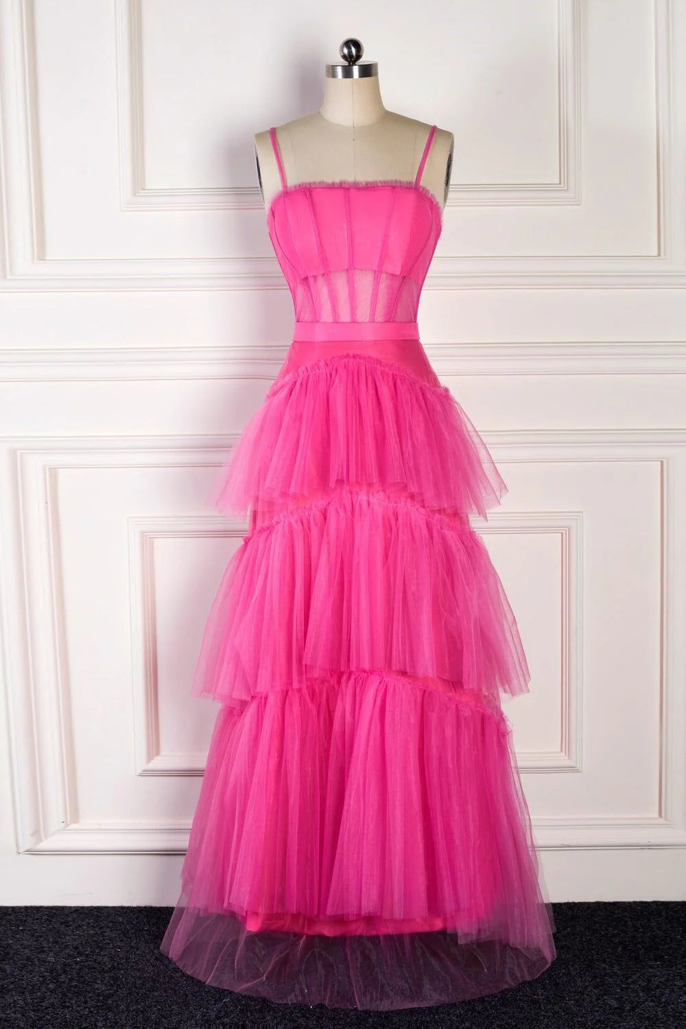 Wholesale Elegant A Line Pink Straps Tiered Tulle Long Prom Dress