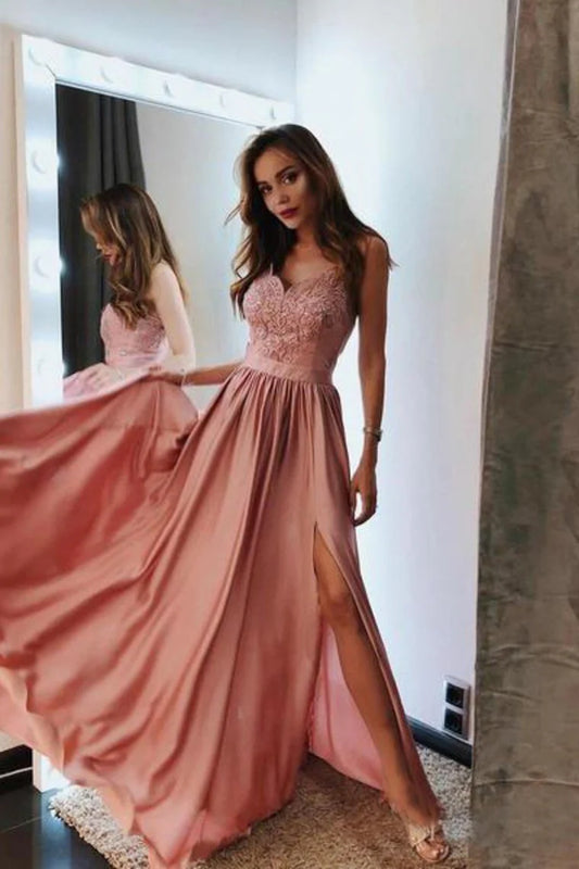 Wholesale Prom Dresses V Neck Lace And Beaded Prom Dress With Slit Evening Dress