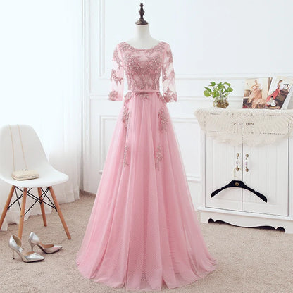 Pink Tulle Elegant Party Dress with Lace A-line Formal Dress Bridesmaid Dress Prom Dress