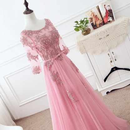 Pink Tulle Elegant Party Dress with Lace A-line Formal Dress Bridesmaid Dress Prom Dress