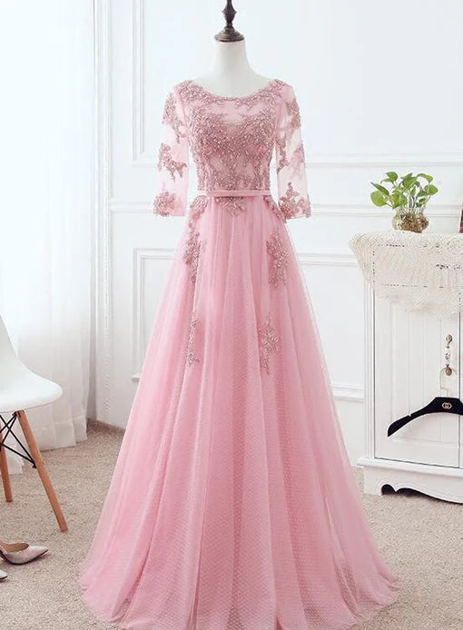 Pink Tulle Elegant Party Dress with Lace A-line Formal Dress Bridesmaid Dress Prom Dress