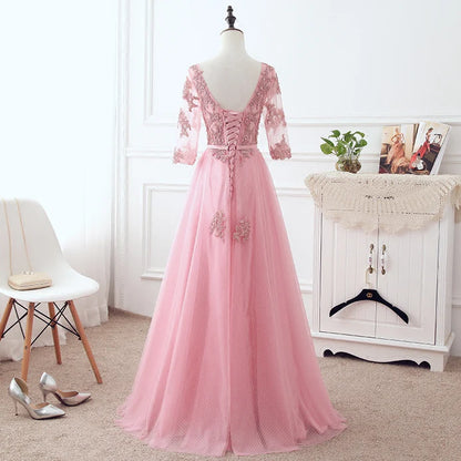 Pink Tulle Elegant Party Dress with Lace A-line Formal Dress Bridesmaid Dress Prom Dress