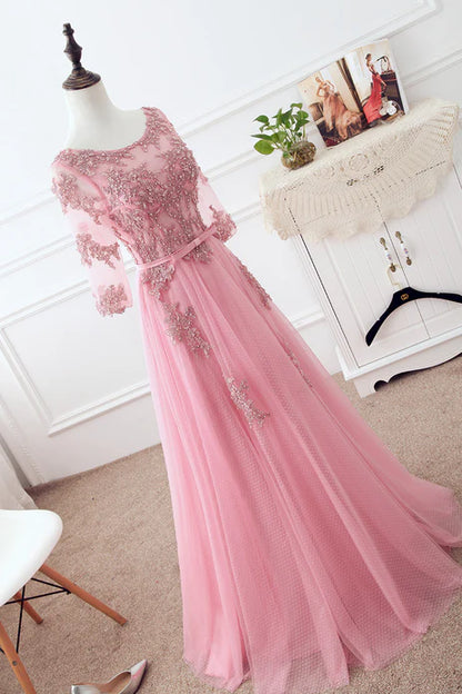 Pink Tulle Elegant Party Dress with Lace A-line Formal Dress Bridesmaid Dress Prom Dress