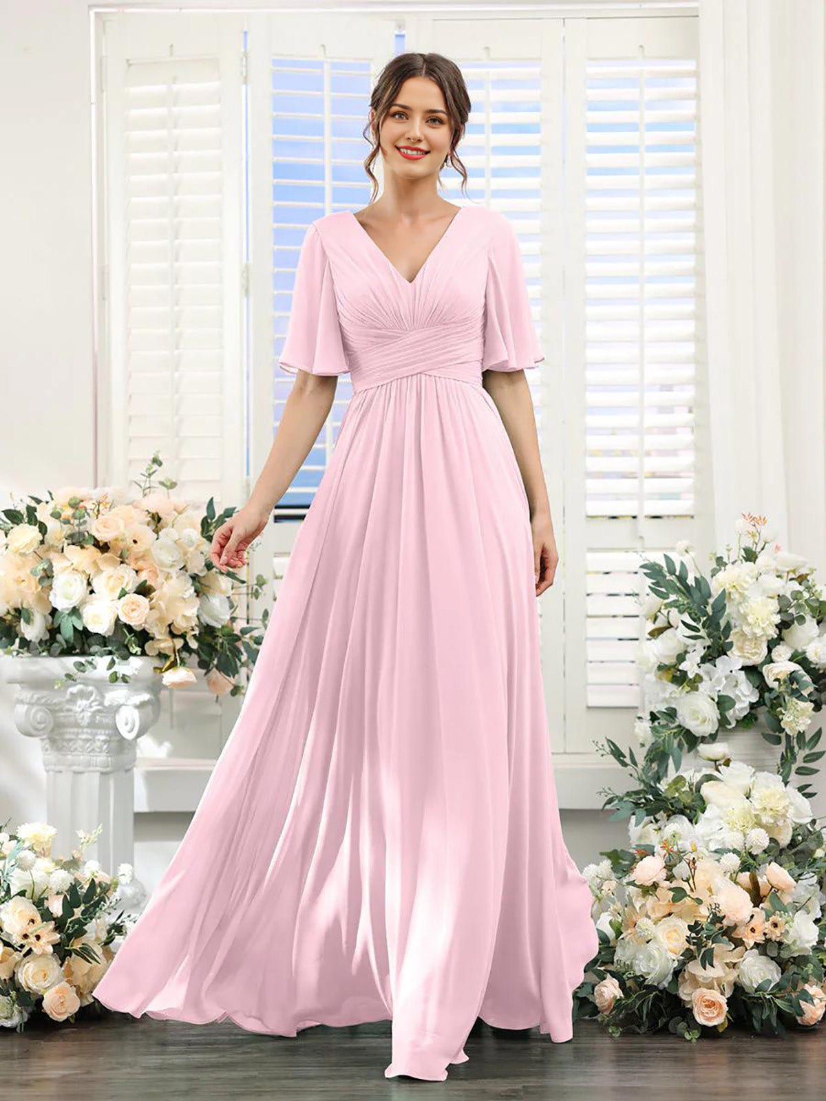 Wholesale A-Line Bridesmaid Dress for Wedding Guest V-Neck Sleeve Long Chiffon Formal Party Dresses with Slit