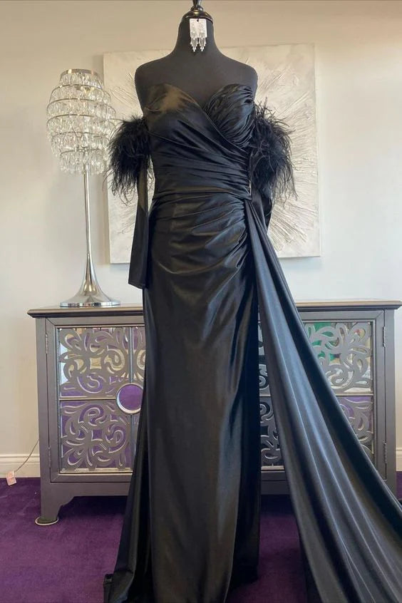 Wholesale Pleated Long Sleeves Prom Dress with Slit Feather Mermaid Sweetheart