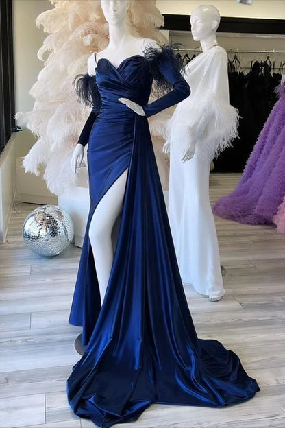 Wholesale Pleated Long Sleeves Prom Dress with Slit Feather Mermaid Sweetheart