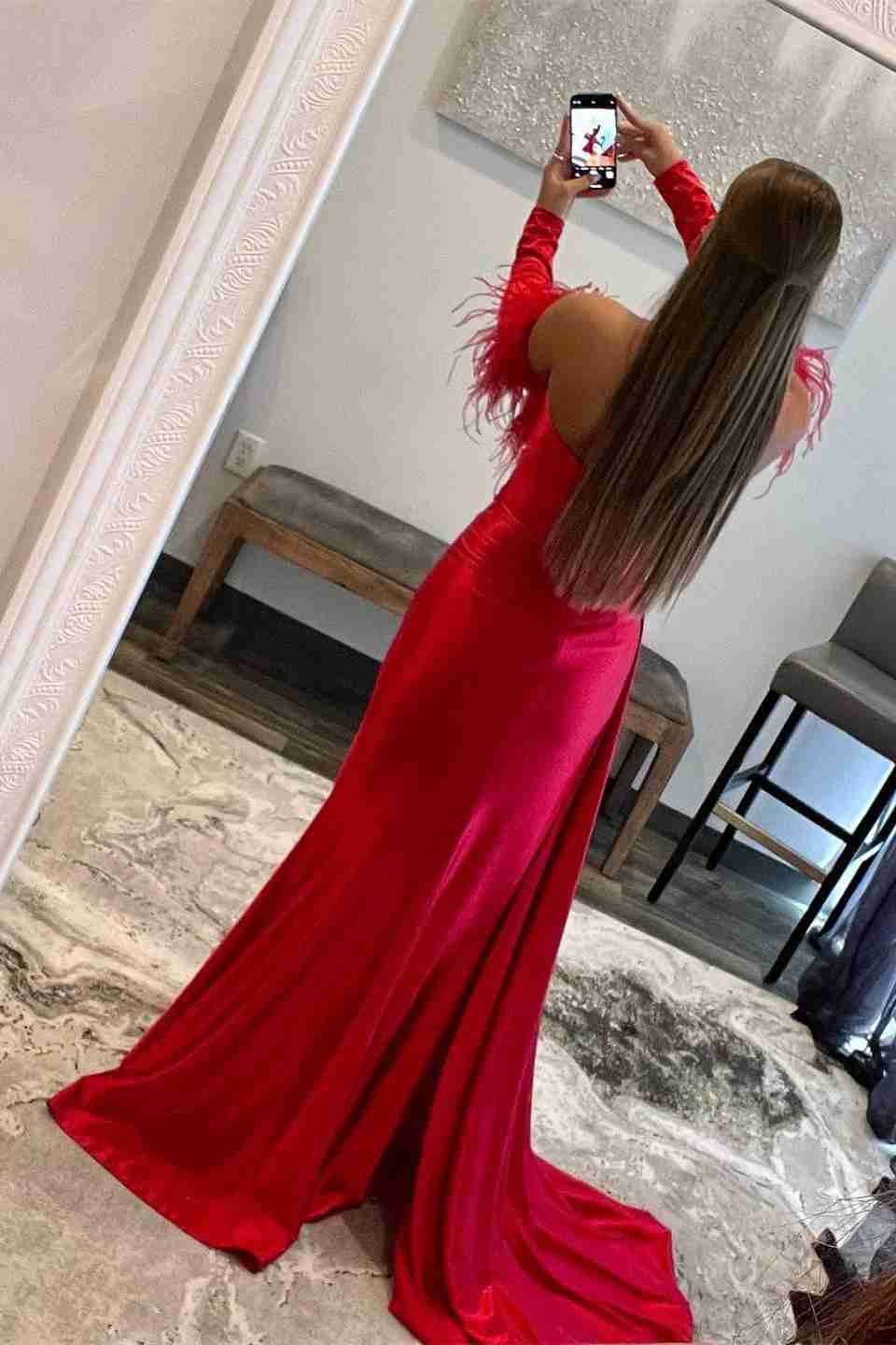 Wholesale Pleated Long Sleeves Prom Dress with Slit Feather Mermaid Sweetheart