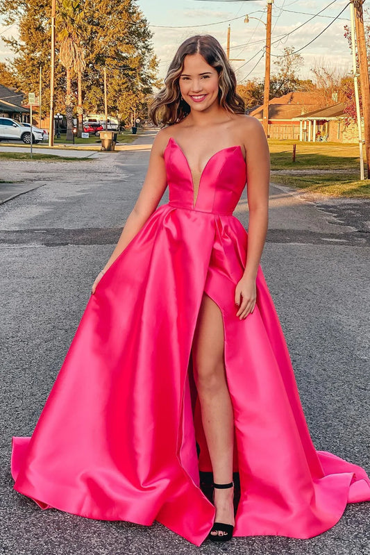 Wholesale A-Line Prom Dress Satin Strapless with Slit Plus Size