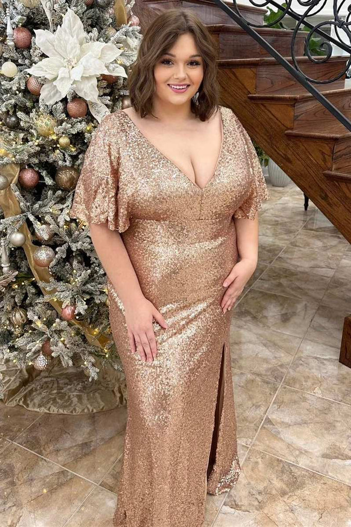 Wholesale Prom Dress Plus Size Sequin V-Neck Ruffles with Slit