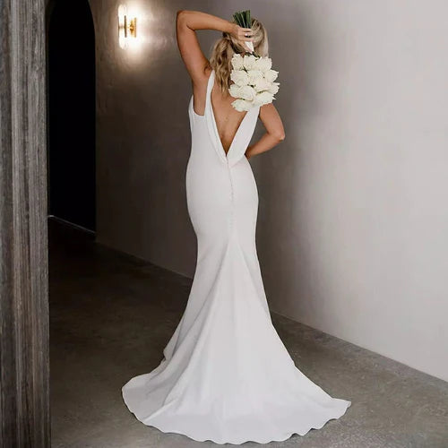 Wholesale Elegant Mermaid Chiffon Detachable Drape Back V-neck Satin Wedding Dresses