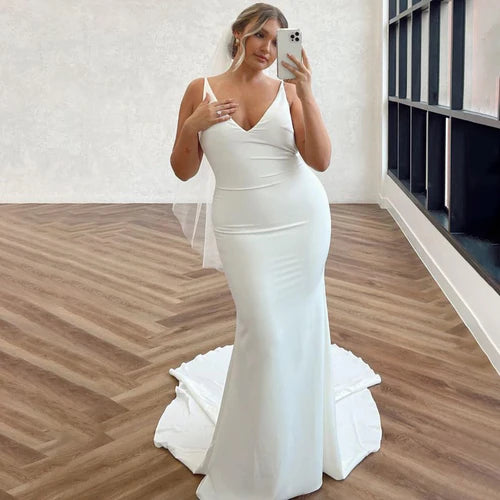 Wholesale Elegant Mermaid Chiffon Detachable Drape Back V-neck Satin Wedding Dresses