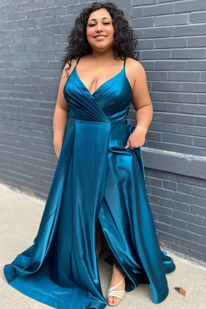 Wholesale Long Prom Dress Satin Spaghetti Straps with Slit Plus Size