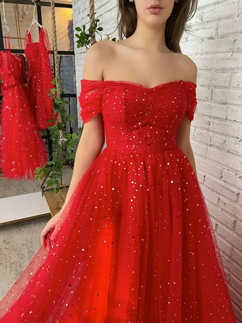 Wholesale Prom Dresses Pretty A Line Red Long Off The Shoulder With Sequins