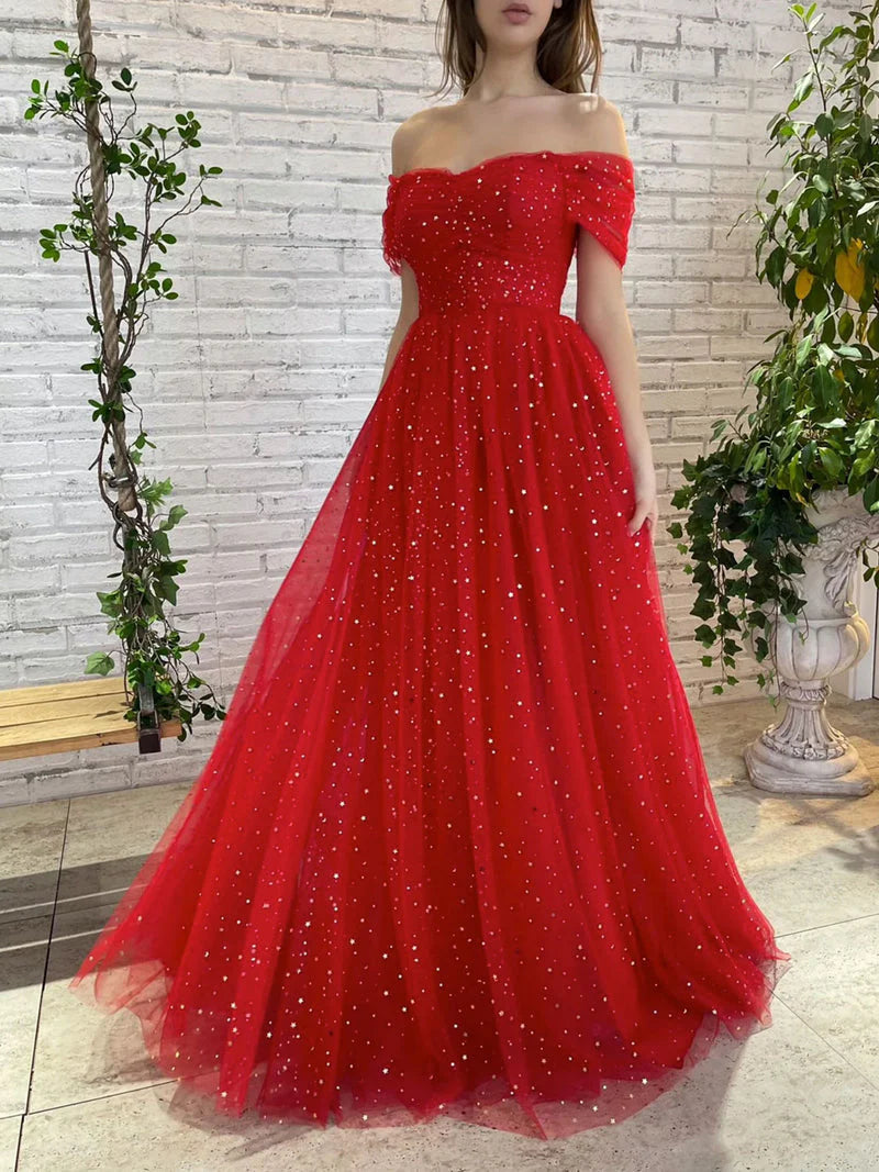 Wholesale Prom Dresses Pretty A Line Red Long Off The Shoulder With Sequins