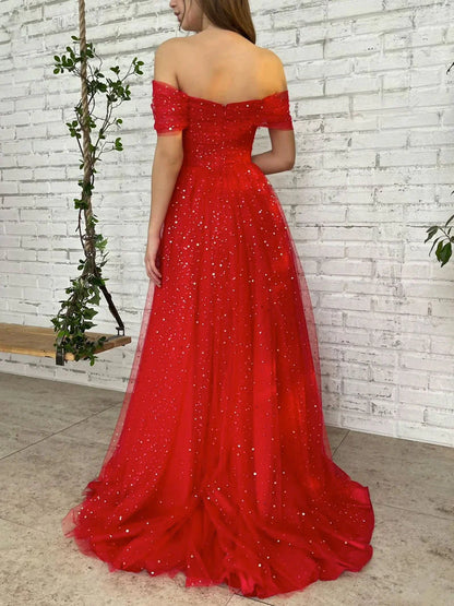 Wholesale Prom Dresses Pretty A Line Red Long Off The Shoulder With Sequins