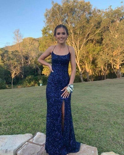 Aimishang Pretty Mermaid straps Blue Sequin Long Prom Dress Charming Evening Party Dress With Slit