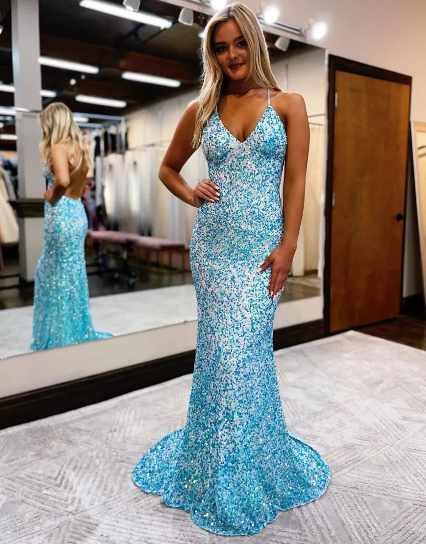 Wholesale Long Glitter Prom Dress Pretty Sparkly Sequin Open Back