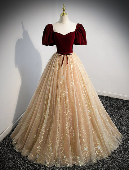 Aimishang Pretty A-Line Princess Prom Dresses Elegant Short Sleeve Sweetheart Floor Length Graduation Dress with Bow