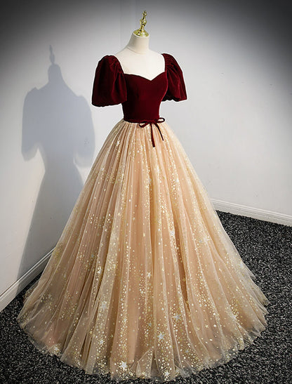 Aimishang Pretty A-Line Princess Prom Dresses Elegant Short Sleeve Sweetheart Floor Length Graduation Dress with Bow