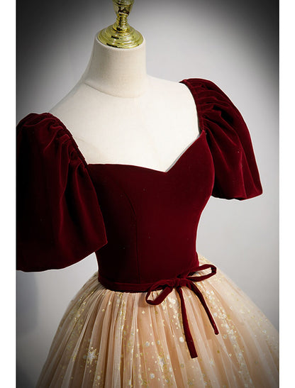 Aimishang Pretty A-Line Princess Prom Dresses Elegant Short Sleeve Sweetheart Floor Length Graduation Dress with Bow