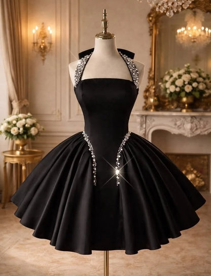 Aimishang Pretty A Line Black Halter Sleeveless Beaded Short Formal Prom Dress Chic Birthday Homecoming Dress