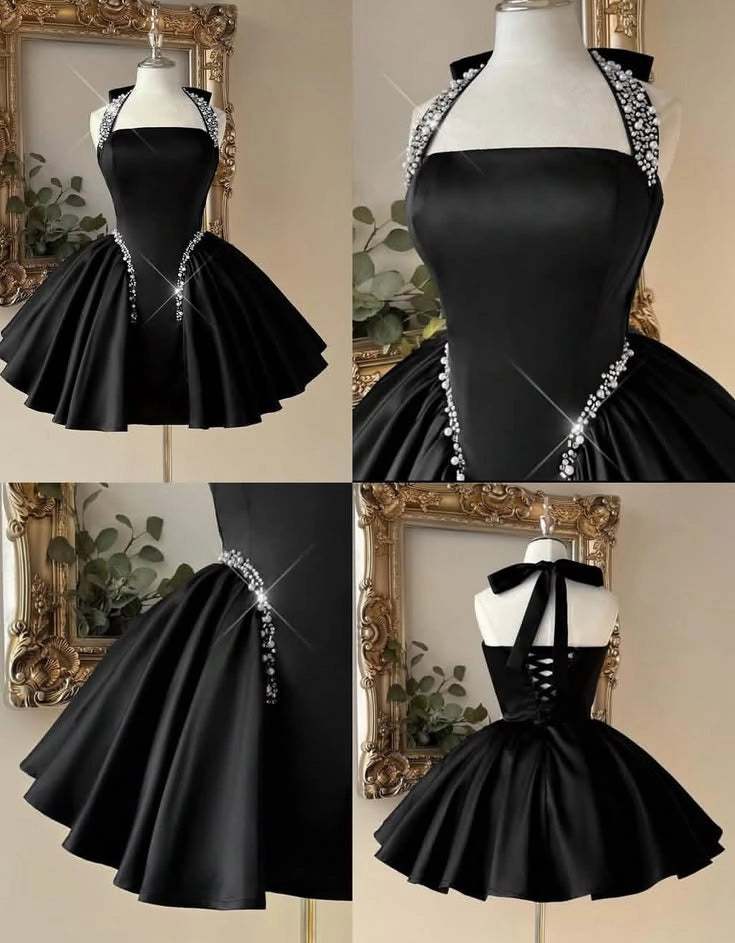 Aimishang Pretty A Line Black Halter Sleeveless Beaded Short Formal Prom Dress Chic Birthday Homecoming Dress
