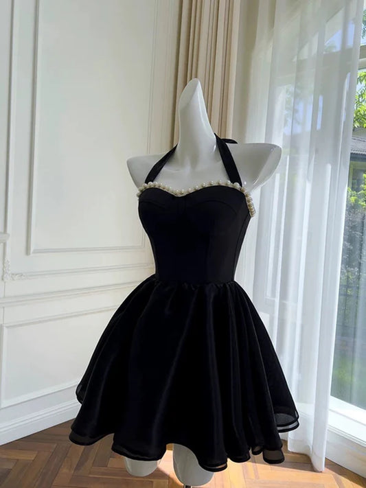 Aimishang Pretty A Line Black Halter Sweetheart Sleeveless Short Formal Prom Dress Lovely Homecoming Dress with Pearls