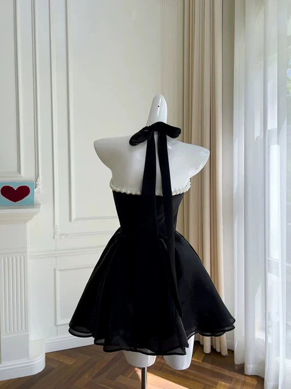 Aimishang Pretty A Line Black Halter Sweetheart Sleeveless Short Formal Prom Dress Lovely Homecoming Dress with Pearls