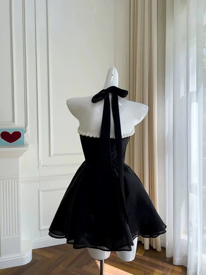 Aimishang Pretty A Line Black Halter Sweetheart Sleeveless Short Formal Prom Dress Lovely Homecoming Dress with Pearls