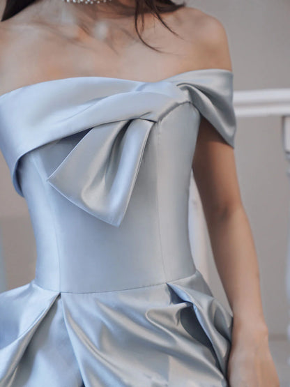 Aimishang Pretty A Line Blue Satin Long Formal Prom Dress Lovely Party Evening Gown With Slit