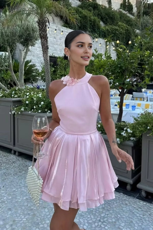 Aimishang Pretty A Line Halter Sleeveless Short Birthday Party Dress Chic Homecoming Dress with Flower
