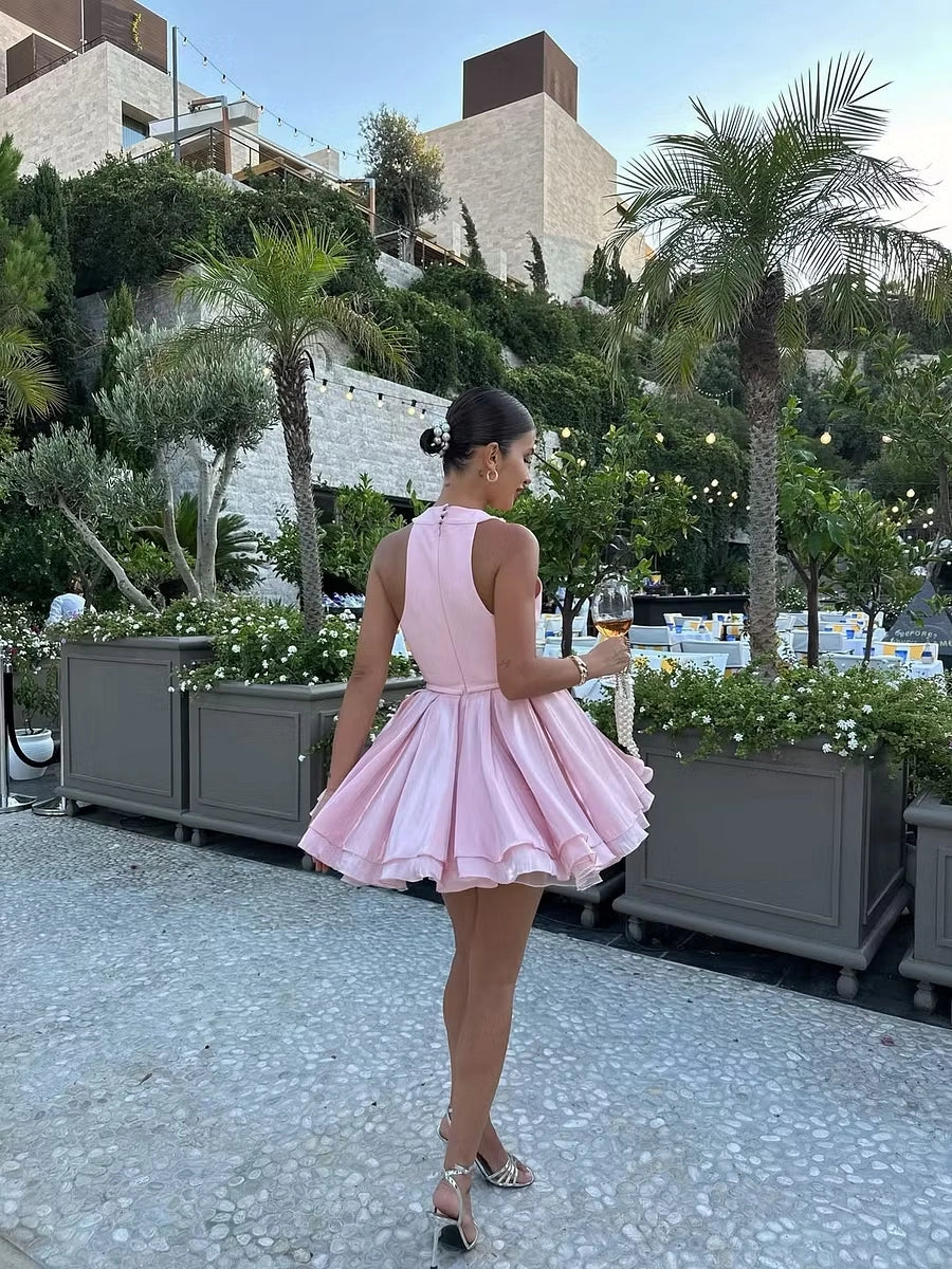 Aimishang Pretty A Line Halter Sleeveless Short Birthday Party Dress Chic Homecoming Dress with Flower