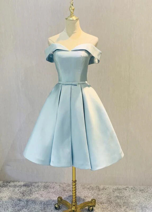 Aimishang Pretty A Line Light Blue Satin Off Shoulder Lace-up Short Formal Prom Dress Lovely Homecoming Dress