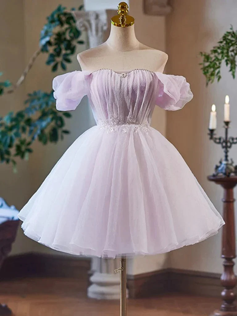 Aimishang Pretty A Line Off Shoulder Sweetheart Beaded Lace Up Back Purple Short Formal Prom Dress Cute Homecoming Dress