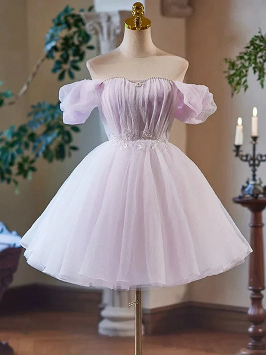 Aimishang Pretty A Line Off Shoulder Sweetheart Beaded Lace Up Back Purple Short Formal Prom Dress Cute Homecoming Dress