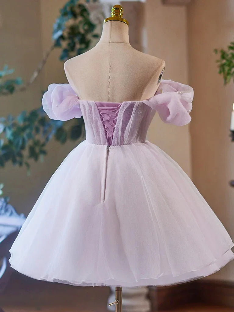 Aimishang Pretty A Line Off Shoulder Sweetheart Beaded Lace Up Back Purple Short Formal Prom Dress Cute Homecoming Dress