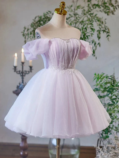 Aimishang Pretty A Line Off Shoulder Sweetheart Beaded Lace Up Back Purple Short Formal Prom Dress Cute Homecoming Dress