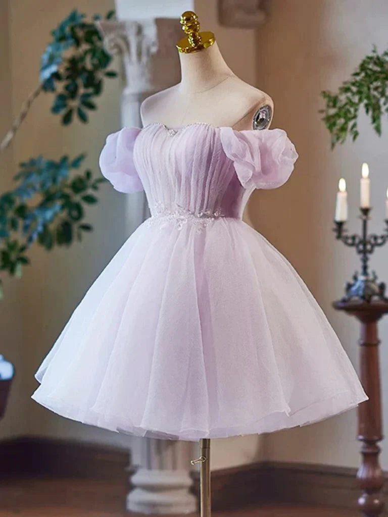 Aimishang Pretty A Line Off Shoulder Sweetheart Beaded Lace Up Back Purple Short Formal Prom Dress Cute Homecoming Dress