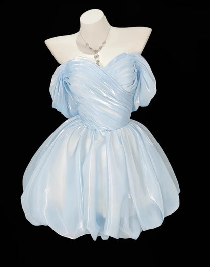 Aimishang Pretty A Line Off Shoulder Sweetheart Neck Pleated Blue Short Birthday Party Dress Summer Homecoming Dress