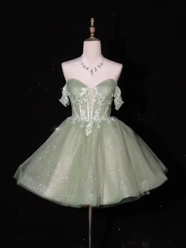 Aimishang Pretty A Line Off The Shoulder Green Tulle Appliques Short Party Prom Dress Sweet Graduation Homecoming Dress